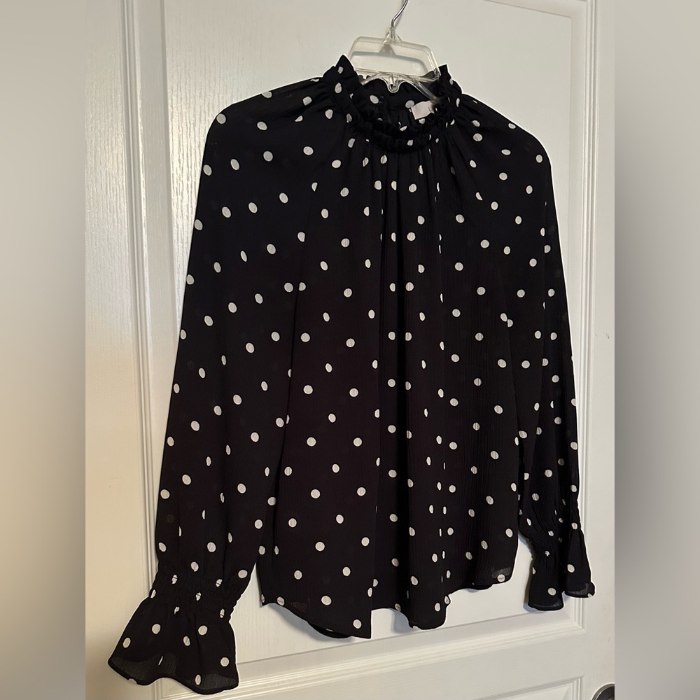 LOFT Black and White Ruffled Long Sleeve Blouse